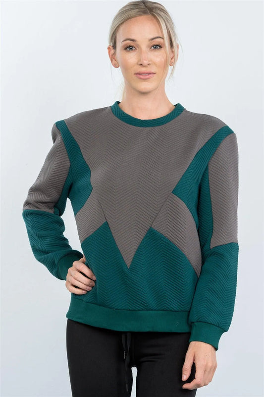 Teal Chevron Texture Pattern Sweater / 2-1 - Tasha Apparel Wholesale