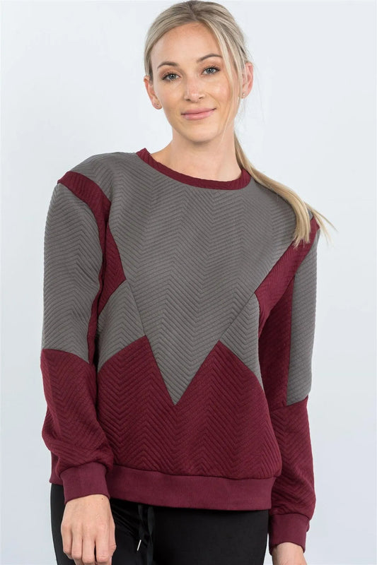 Wine Chevron Texture Pattern Sweater / 2-2-2 - Tasha Apparel Wholesale