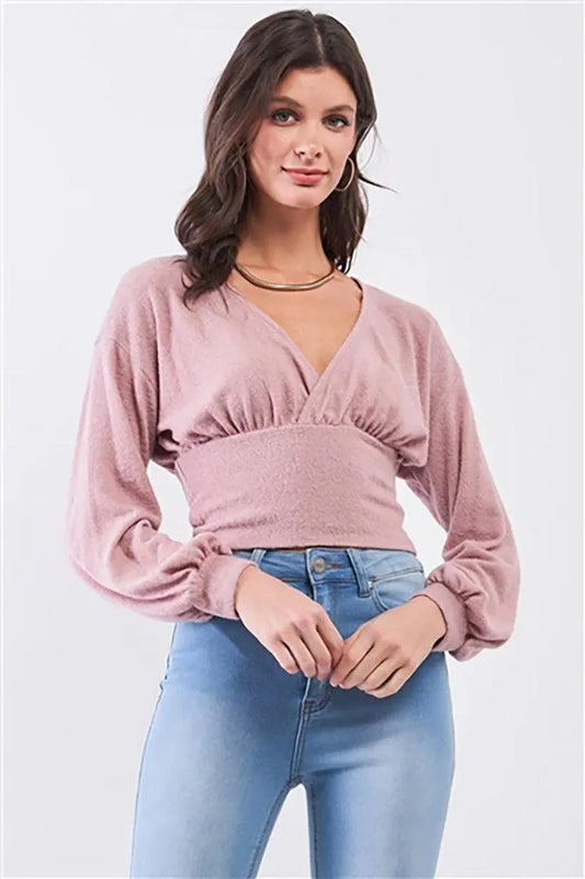 Mauve Fluffy Knit Plunge V-Neck Long Balloon Sleeve Crop Top - Tasha Apparel Wholesale