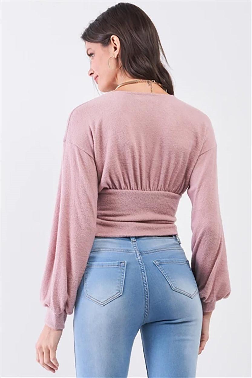 Mauve Fluffy Knit Plunge V-Neck Long Balloon Sleeve Crop Top