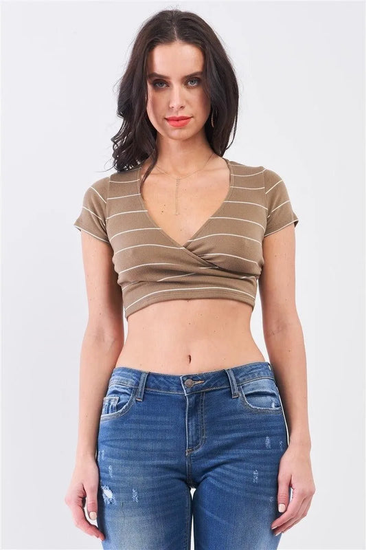 Mocha & Ivory Striped V-Neck Wrap Front Crop Top - Tasha Apparel Wholesale
