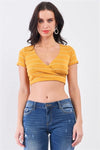 Mustard & Ivory Striped V-Neck Wrap Front Crop Top - Tasha Apparel Wholesale