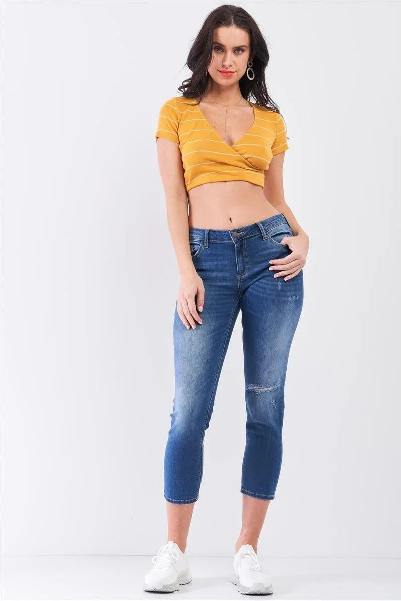 Mustard & Ivory Striped V-Neck Wrap Front Crop Top - Tasha Apparel Wholesale