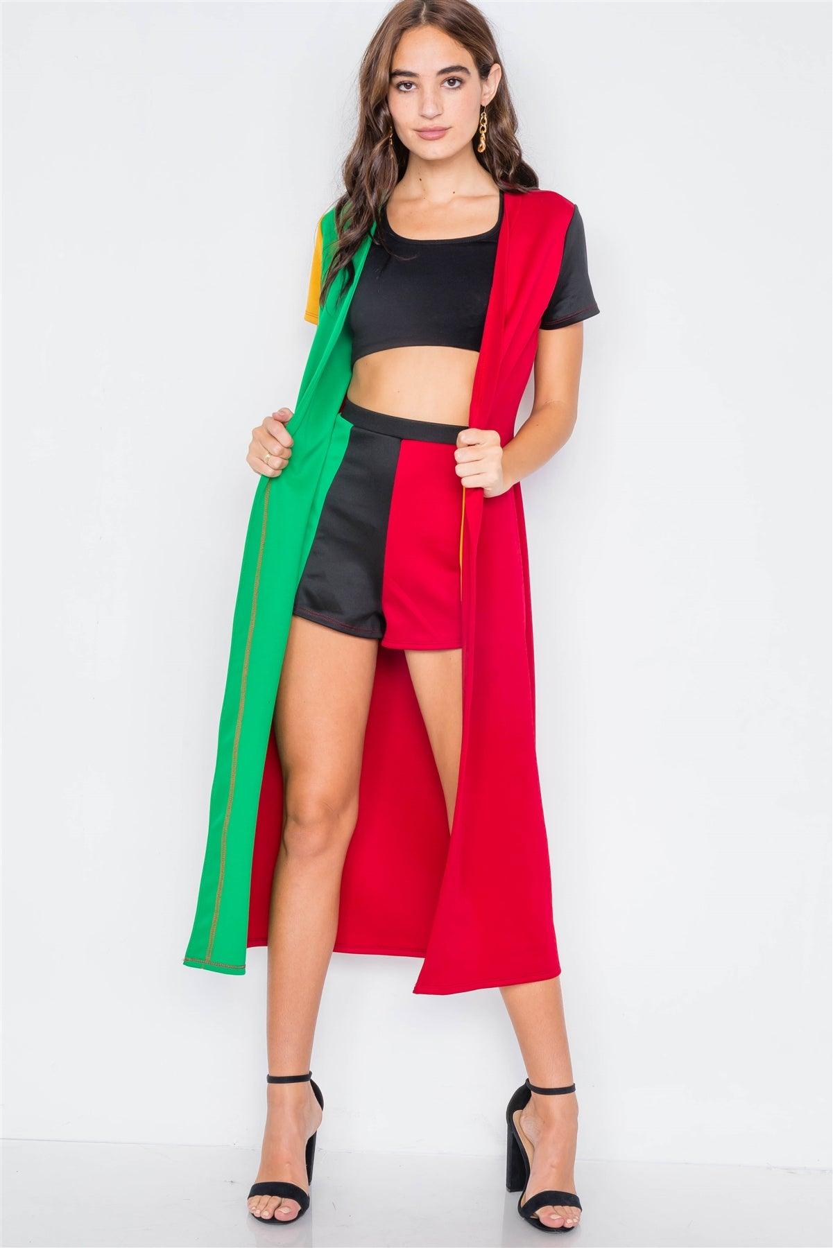Red Black Green & Yellow Color Block Shorts & Trench Coat Set  /2-3