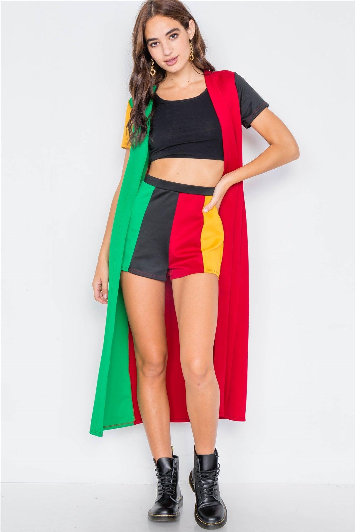 Red Black Green & Yellow Color Block Shorts & Trench Coat Set  /2-3