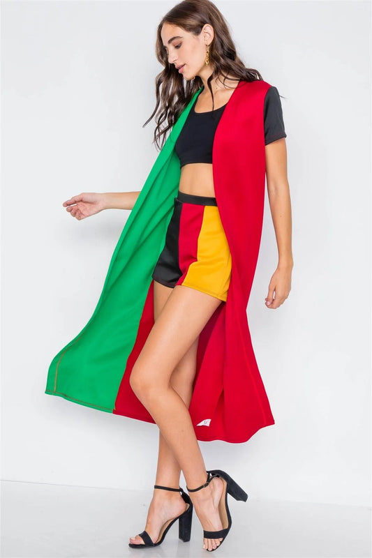 Red Black Green & Yellow Color Block Shorts & Trench Coat Set /2-2-2 - Tasha Apparel Wholesale