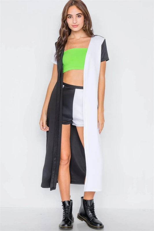 Black & White Color Block Shorts & Trench Coat Set - Tasha Apparel Wholesale