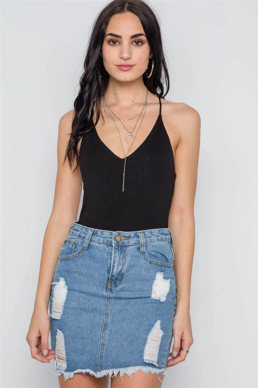 Black Cami Strappy V-Neck Solid Bodysuit /2-1 - Tasha Apparel Wholesale