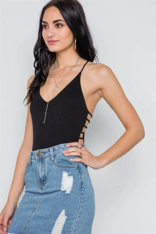 Black Cami Strappy V-Neck Solid Bodysuit /3-2-1 - Tasha Apparel Wholesale
