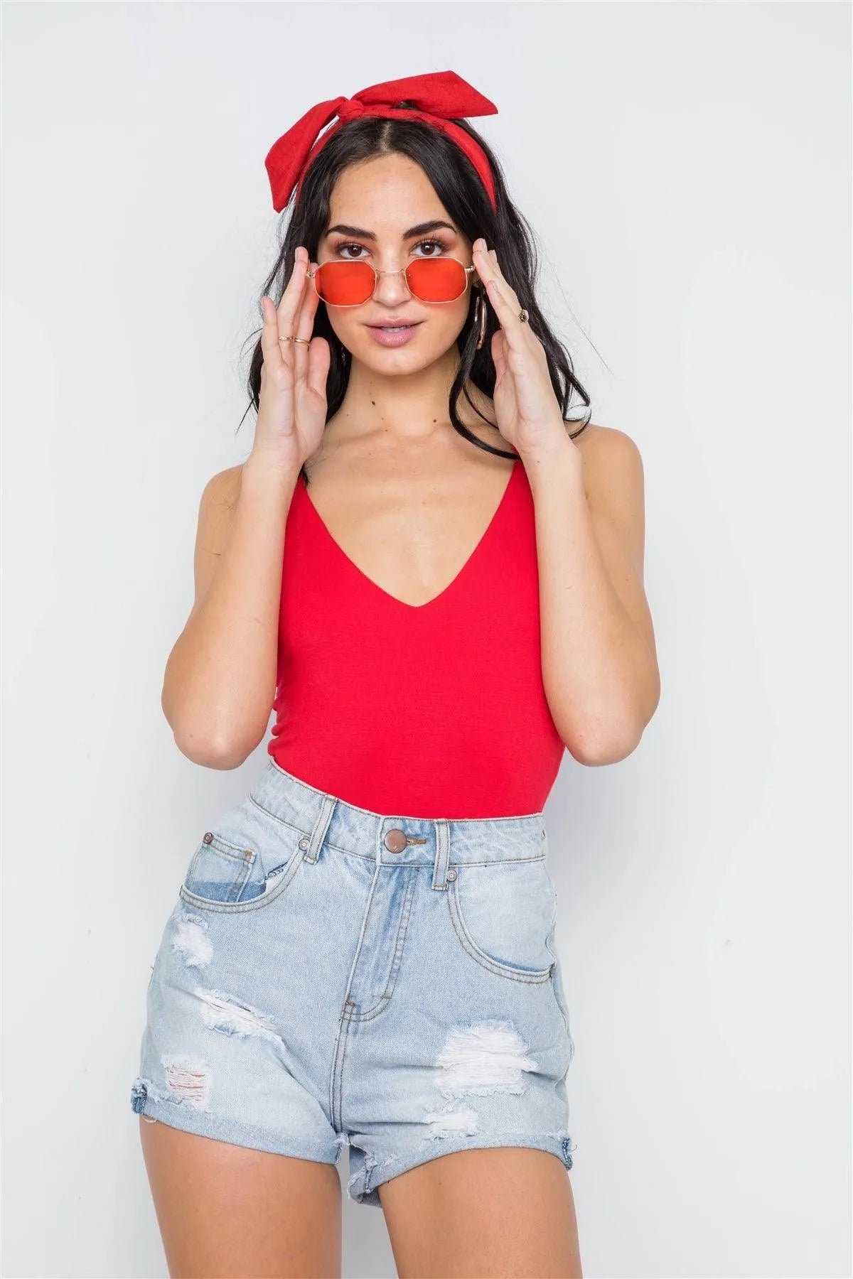 Red Cami Strappy V-Neck Solid Bodysuit /3-2-1 - Tasha Apparel Wholesale