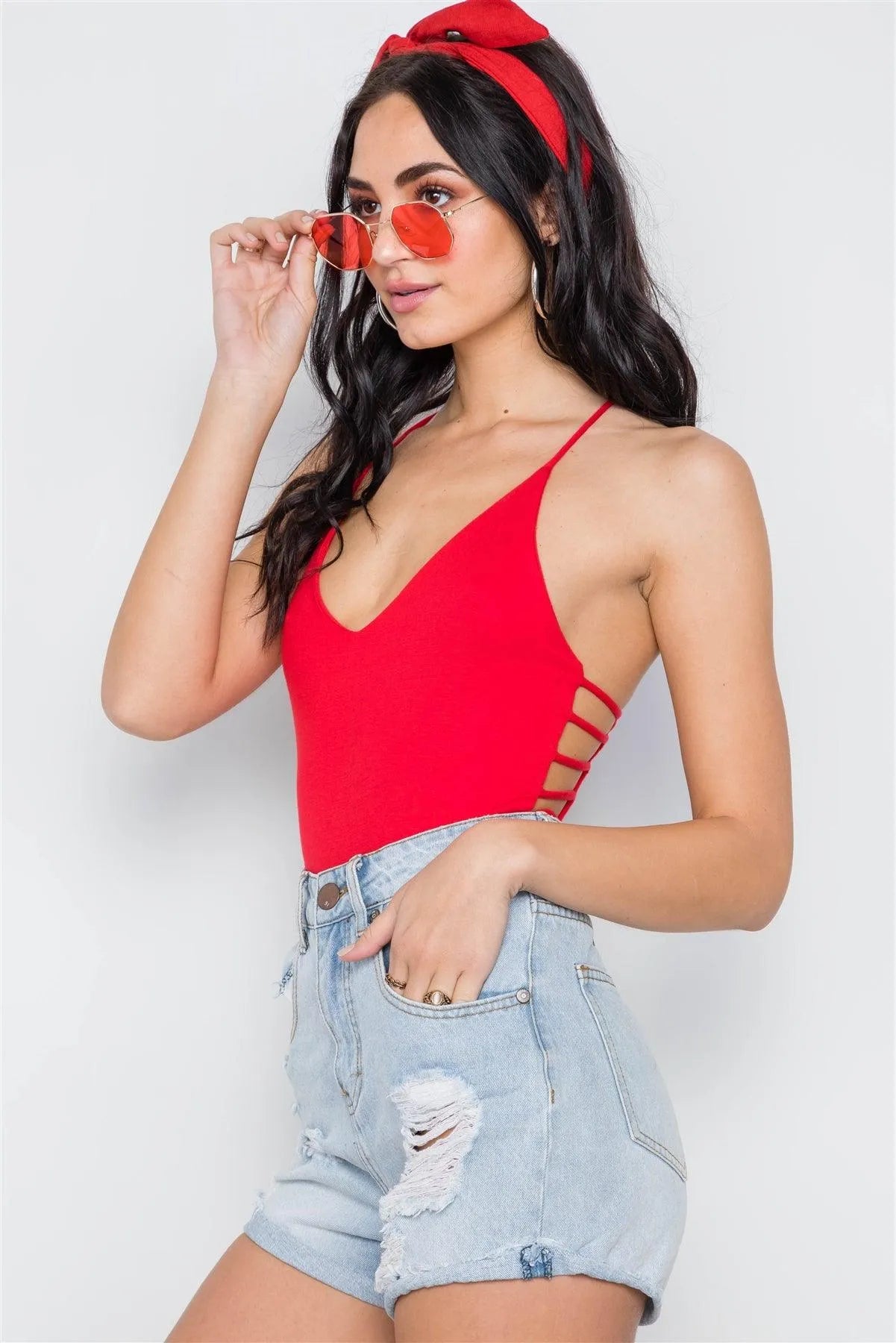 Red Cami Strappy V-Neck Solid Bodysuit /3-2-1 - Tasha Apparel Wholesale