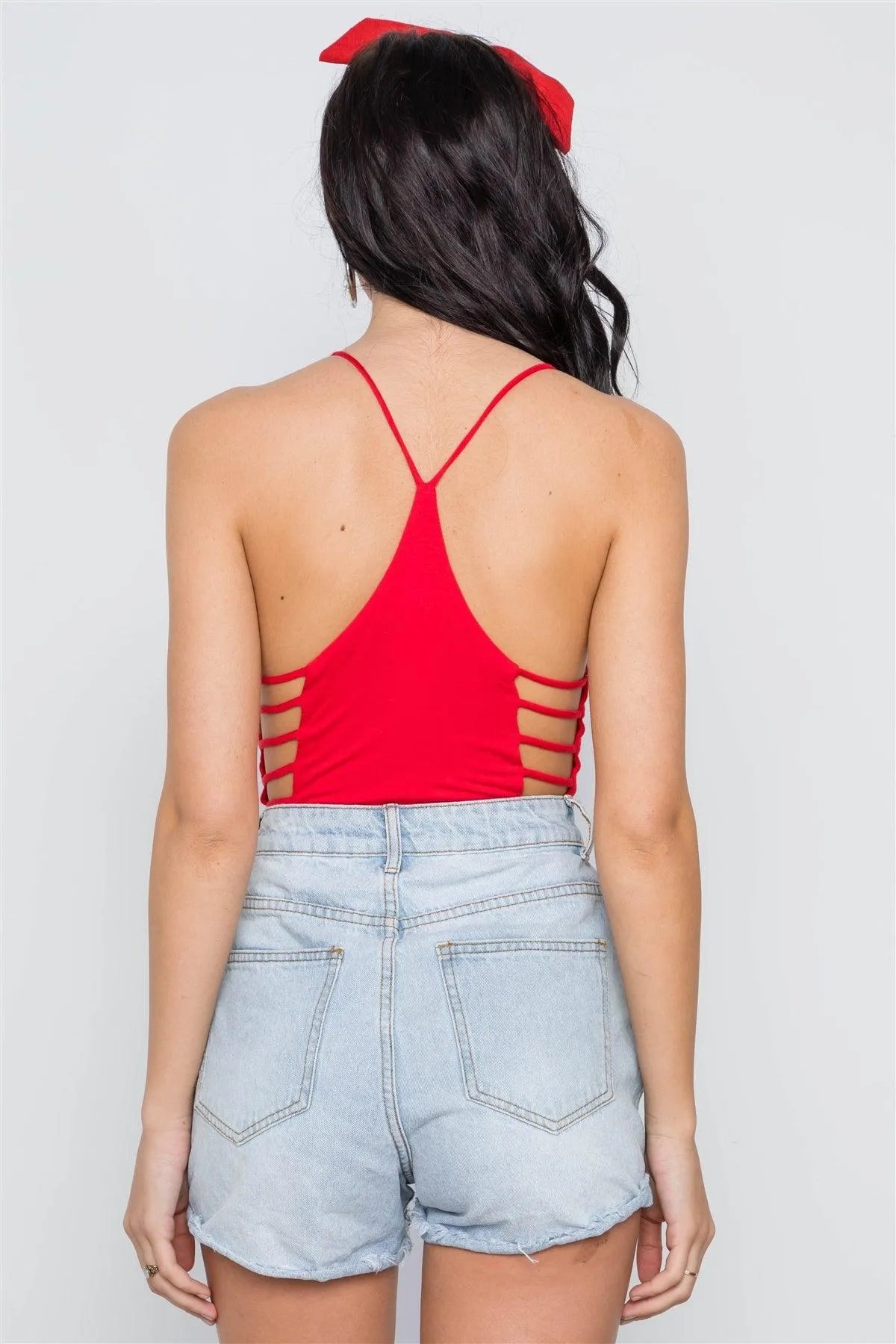 Red Cami Strappy V-Neck Solid Bodysuit /3-2-1 - Tasha Apparel Wholesale