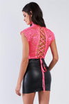 Neon Pink Lace Collared Short Sleeve Corset Back Sexy Bodysuit