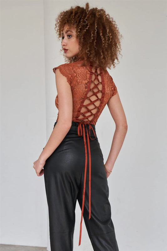 Red Bean Lace Collared Short Sleeve Corset Back Sexy Bodysuit - Tasha Apparel Wholesale