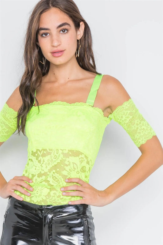 Neon Green Cami Off-The-Shoulder Floral Lace Bodysuit /2-2-2 - Tasha Apparel Wholesale