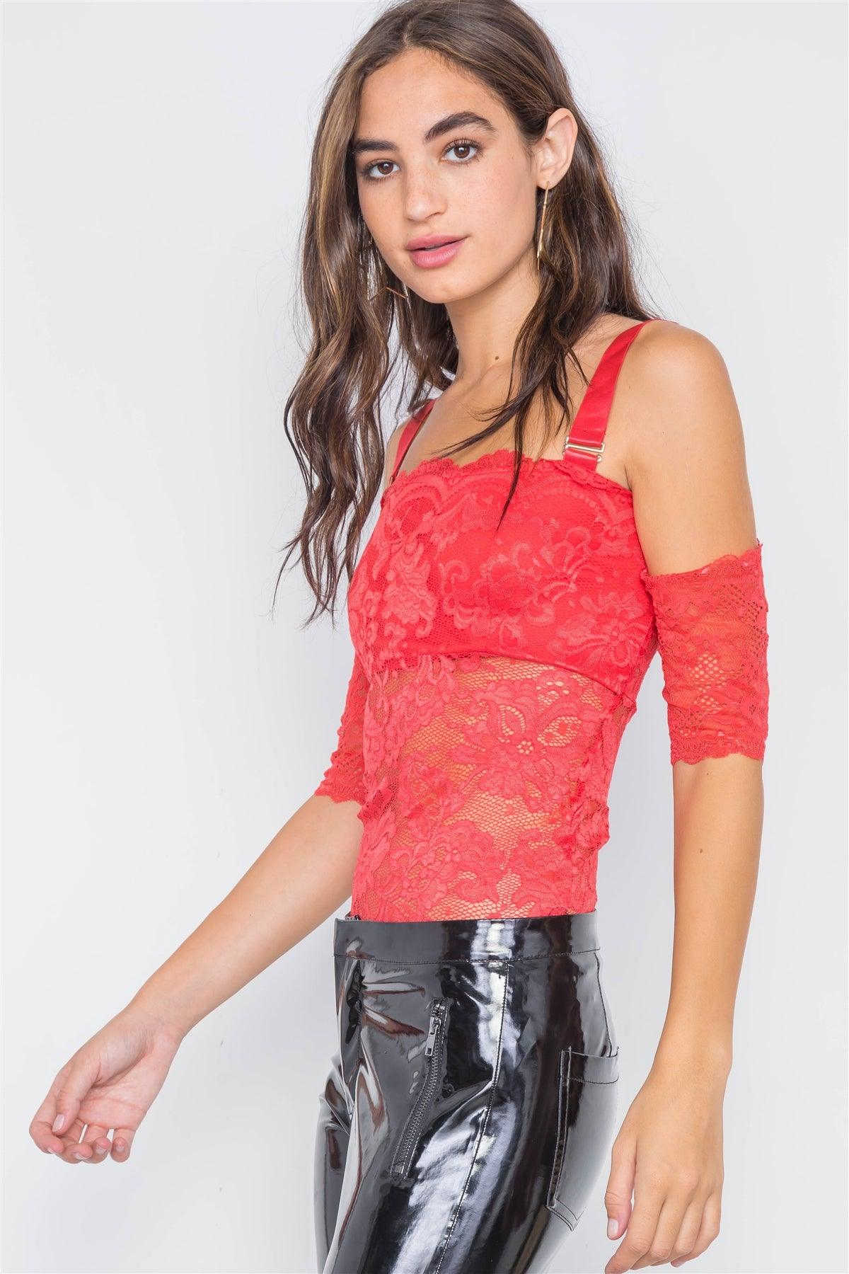 Red Cami Off-The-Shoulder Floral Lace Bodysuit