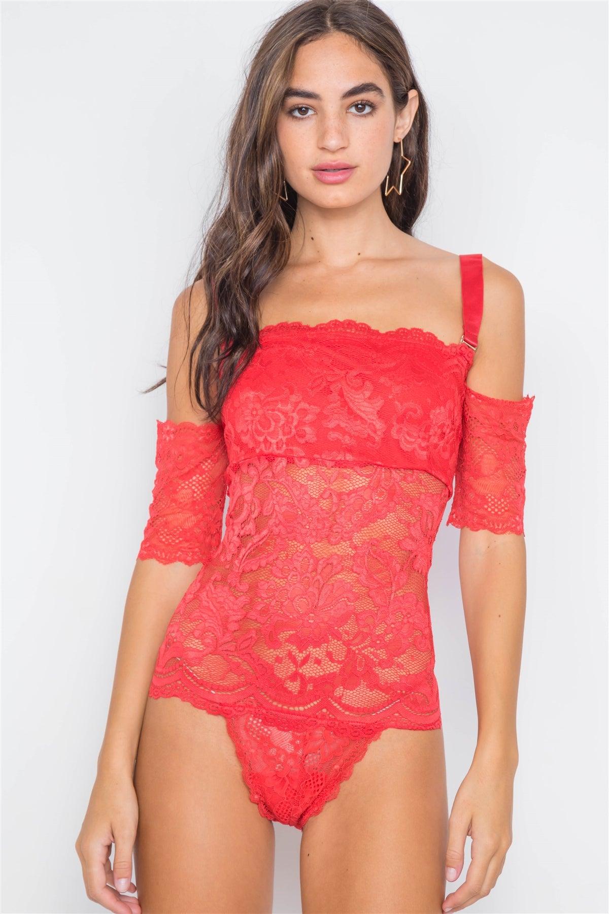 Red Cami Off-The-Shoulder Floral Lace Bodysuit