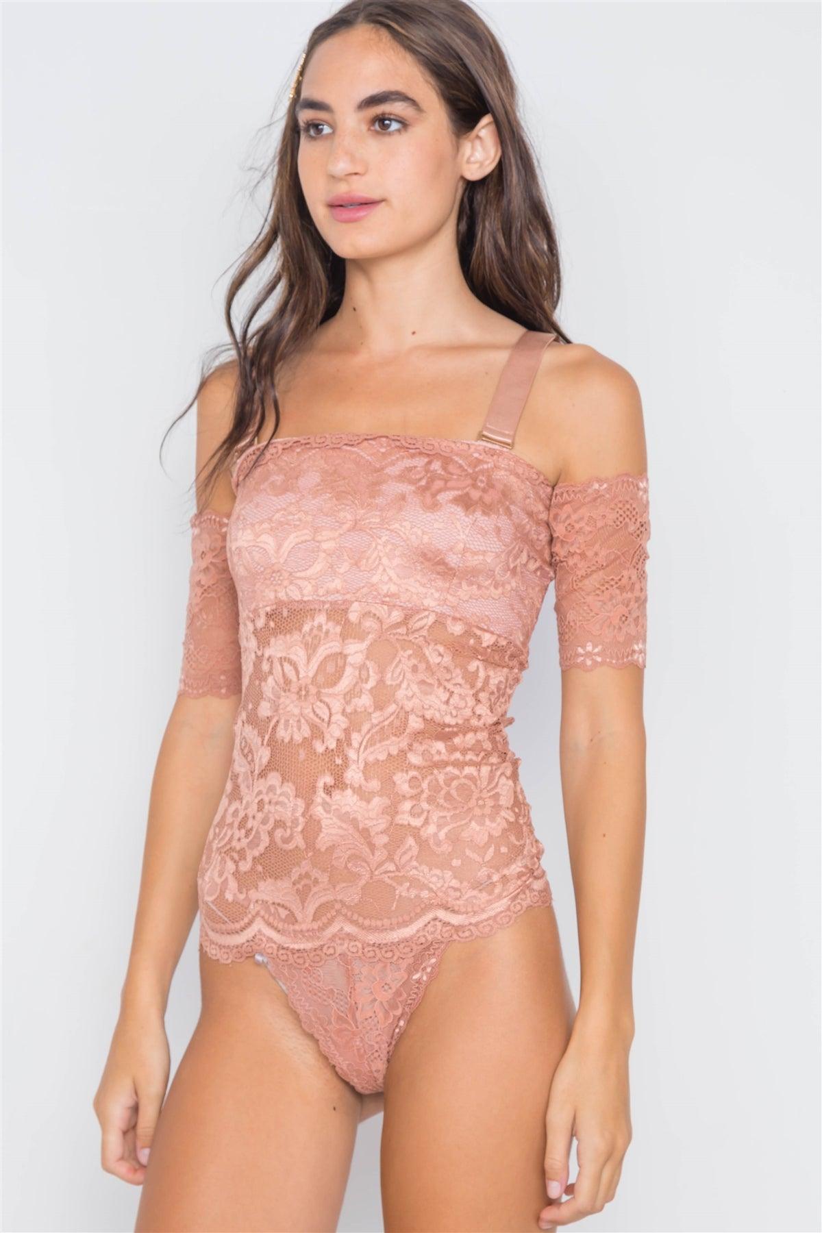 Taupe Cami Off-The-Shoulder Floral Lace Bodysuit /2-2-2