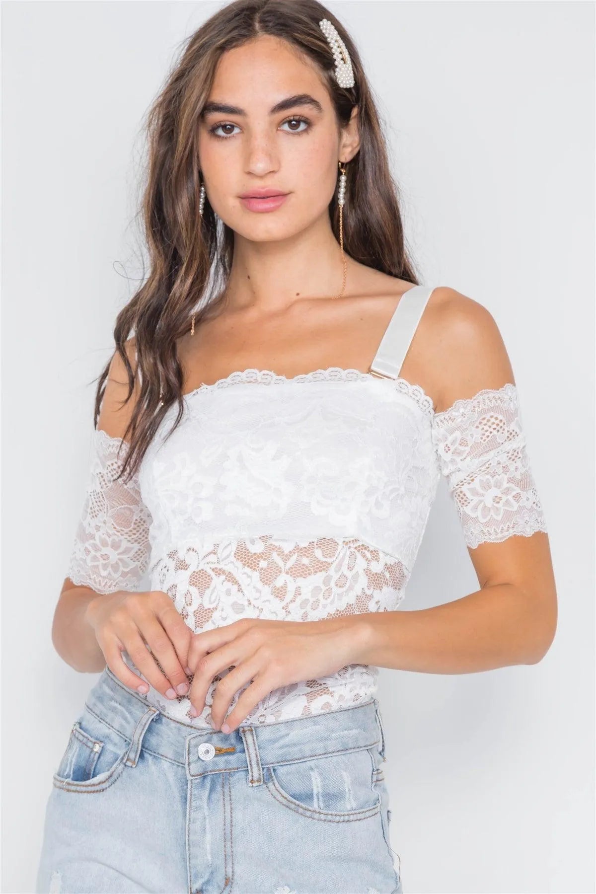 White Cami Off-The-Shoulder Floral Lace Bodysuit /2-2-2 - Tasha Apparel Wholesale