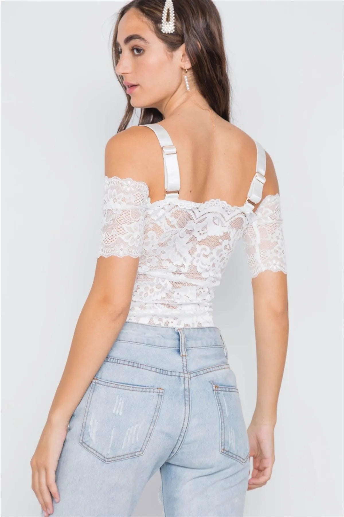 White Cami Off-The-Shoulder Floral Lace Bodysuit /2-2-2 - Tasha Apparel Wholesale