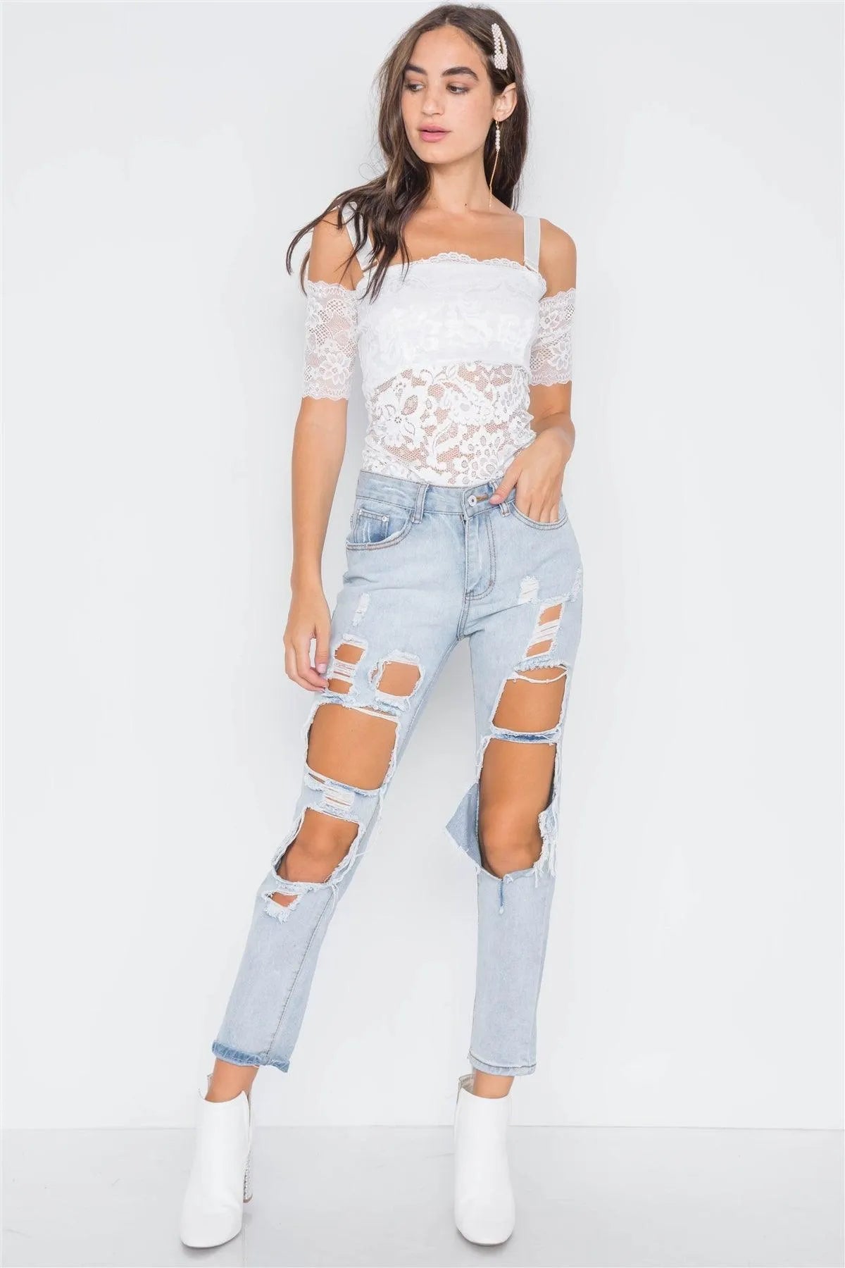 White Cami Off-The-Shoulder Floral Lace Bodysuit /2-2-2 - Tasha Apparel Wholesale