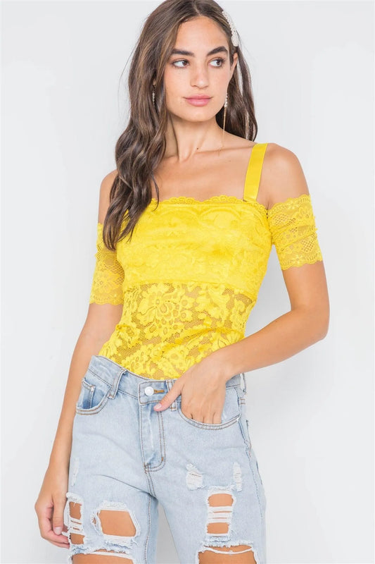 Yellow Cami Off-The-Shoulder Floral Lace Bodysuit - Tasha Apparel Wholesale