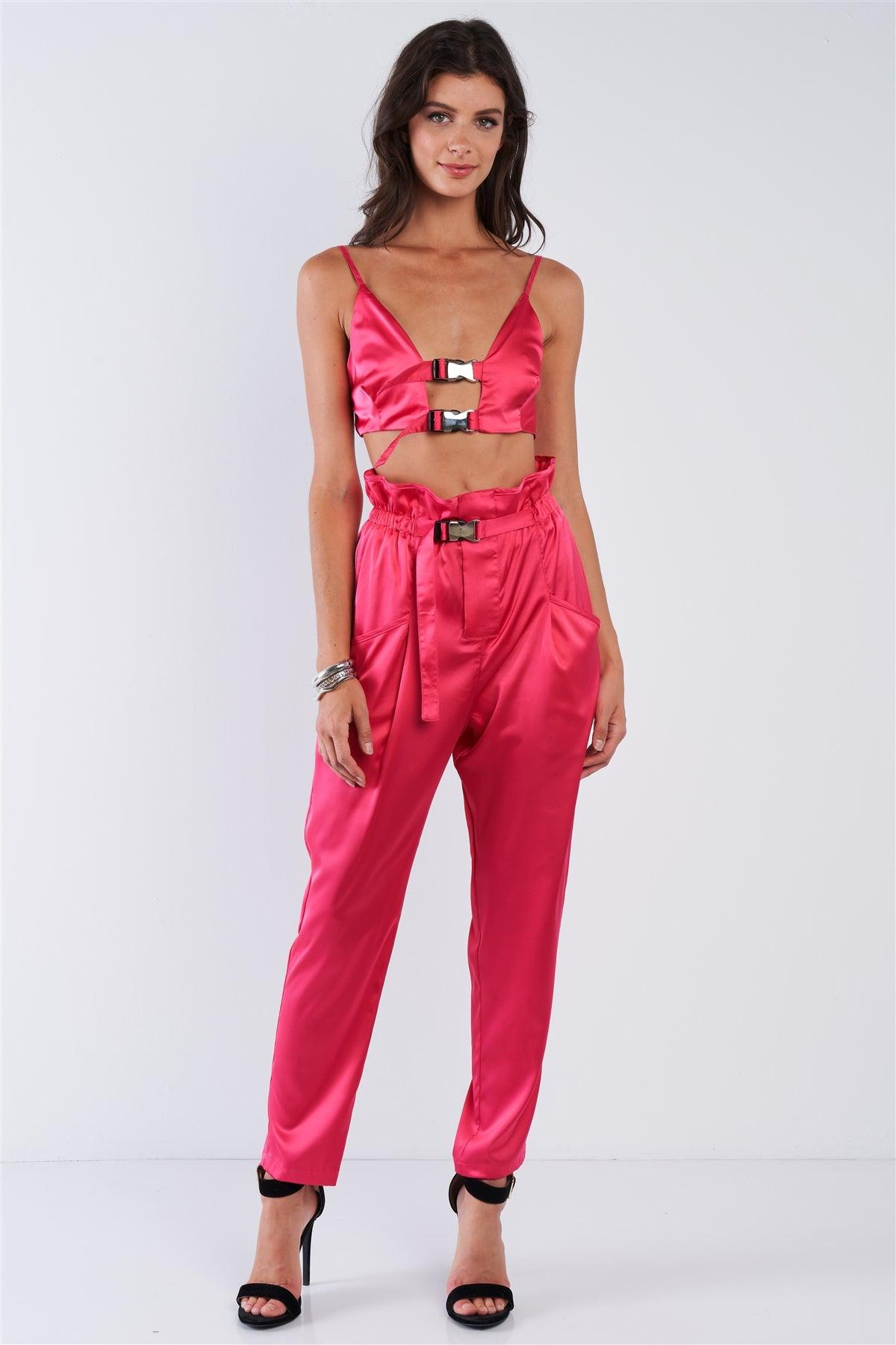 Fuchsia Pink Satin Buckle Hardware Crop Top High Waisted Tapered Pant Set /2-2-2