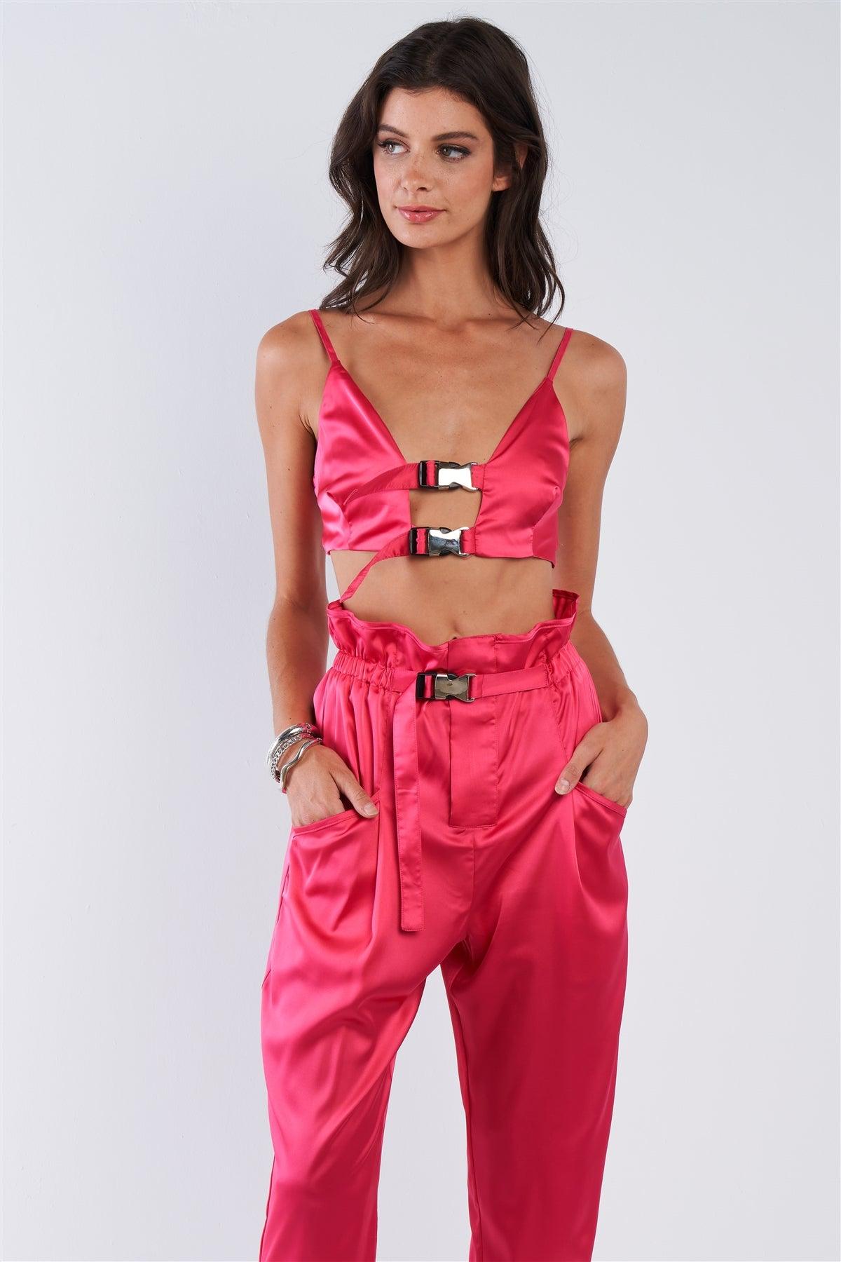Fuchsia Pink Satin Buckle Hardware Crop Top High Waisted Tapered Pant Set /2-2-2