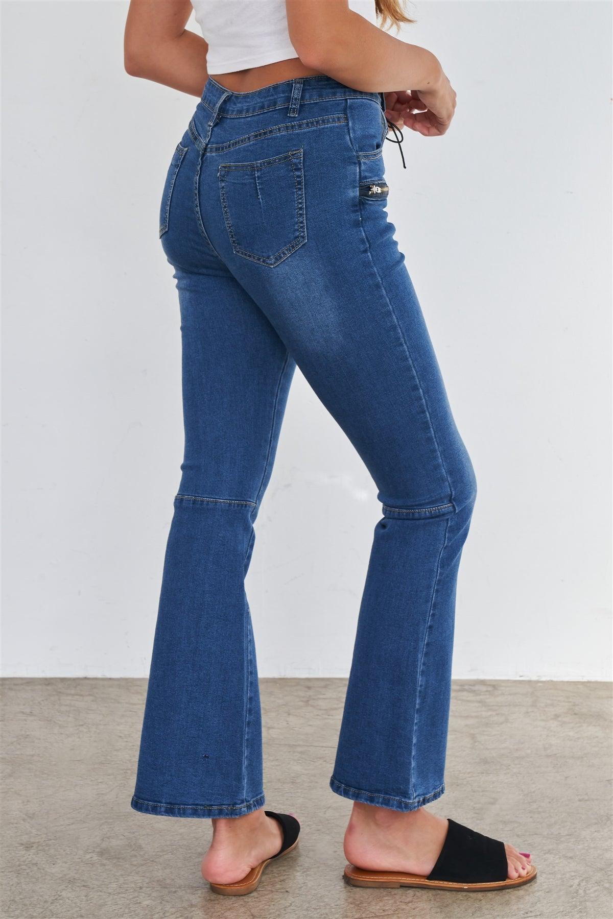 High Waisted Blue Denim Lace Up Fly Zipper Pocket Bell Bottom Jeans /2-2-2