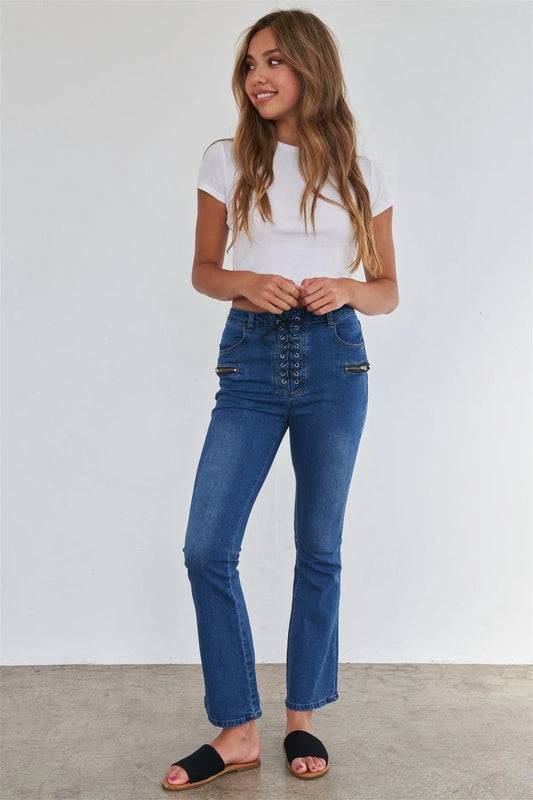 High Waisted Blue Denim Lace Up Fly Zipper Pocket Bell Bottom Jeans - Tasha Apparel Wholesale