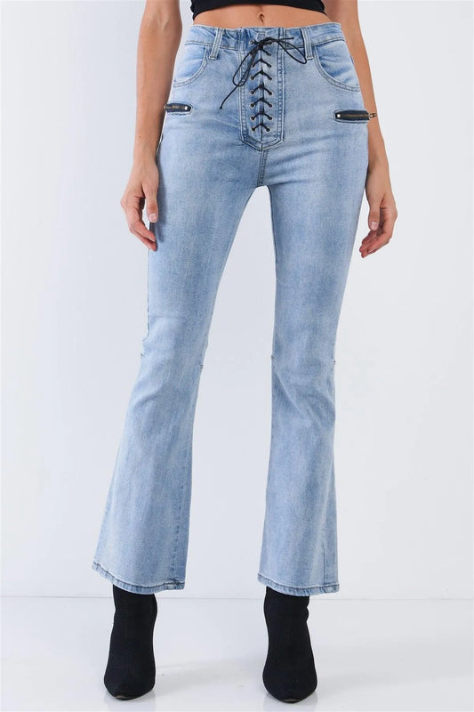 High Waisted Light Blue Denim Lace Up Fly Zipper Pocket Bell Bottom Jeans /2-2-2 - Tasha Apparel Wholesale