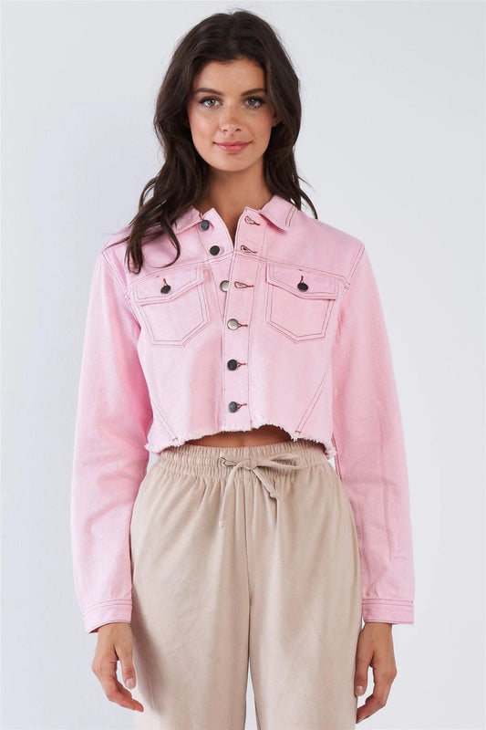 Light Pink Denim Cropped Collared Botton Up Jacket - Tasha Apparel Wholesale