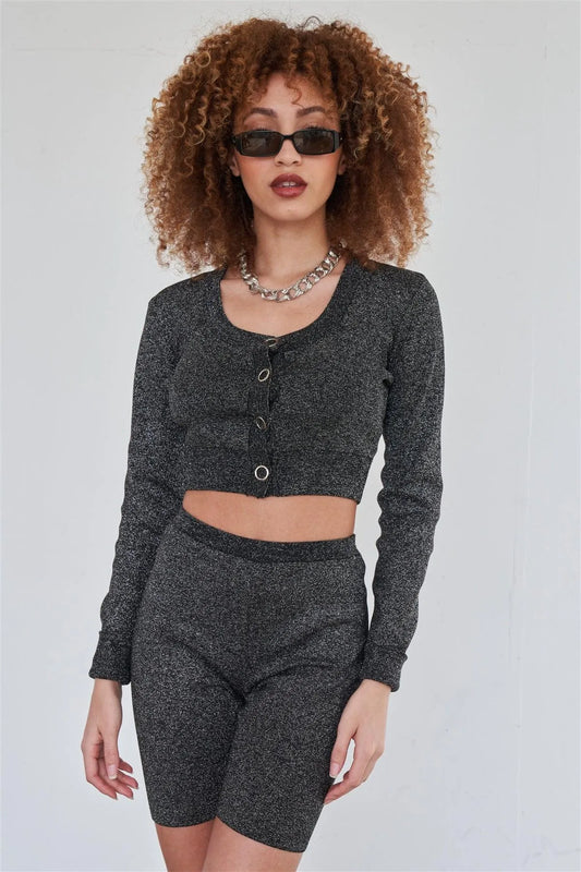 Sexy Sparkly Metallic Black Long Sleeve Crop Cardigan Sweater Biker Short Set /2-2-2 - Tasha Apparel Wholesale