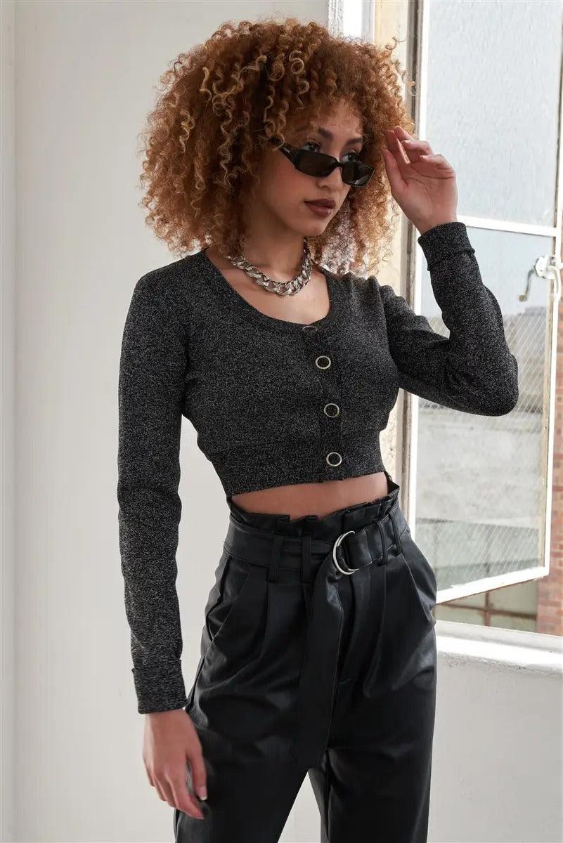 Sparkly Metallic Black Long Sleeve Crop Cardigan Sweater Top