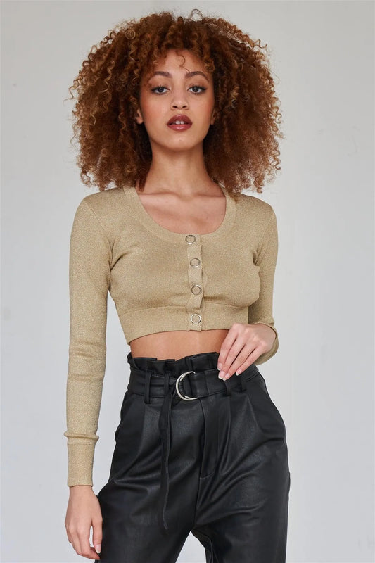 Metallic Gold Long Sleeve Crop Cardigan Knit Top - Tasha Apparel Wholesale