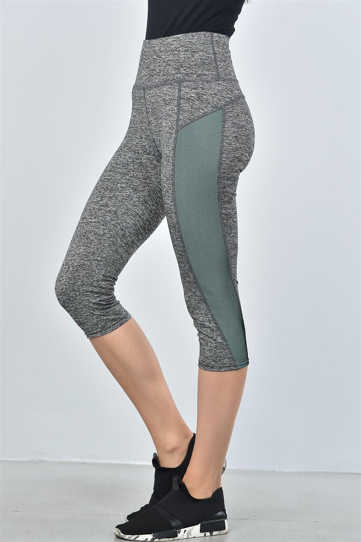 Grey And Aqua Color Block Mesh Insert Knee Length Leggings / 2-4