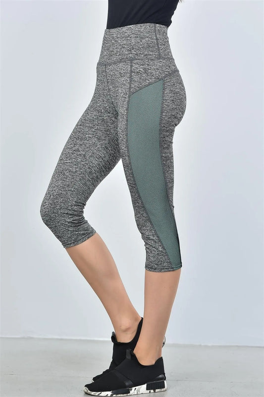 Grey And Aqua Color Block Mesh Insert Knee Length Leggings /2-4 - Tasha Apparel Wholesale