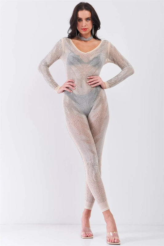 Nude Rhinestone Sheer Long Sleeve Bodycon Jumpsuit - Tasha Apparel Wholesale