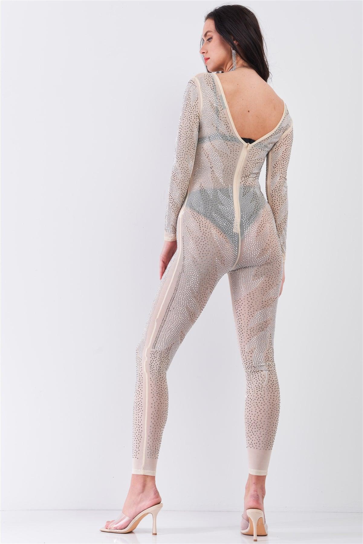 Wholesale Nude Rhinestone Embroidery Sheer Mesh Long Sleeve Bodycon Jumpsuit