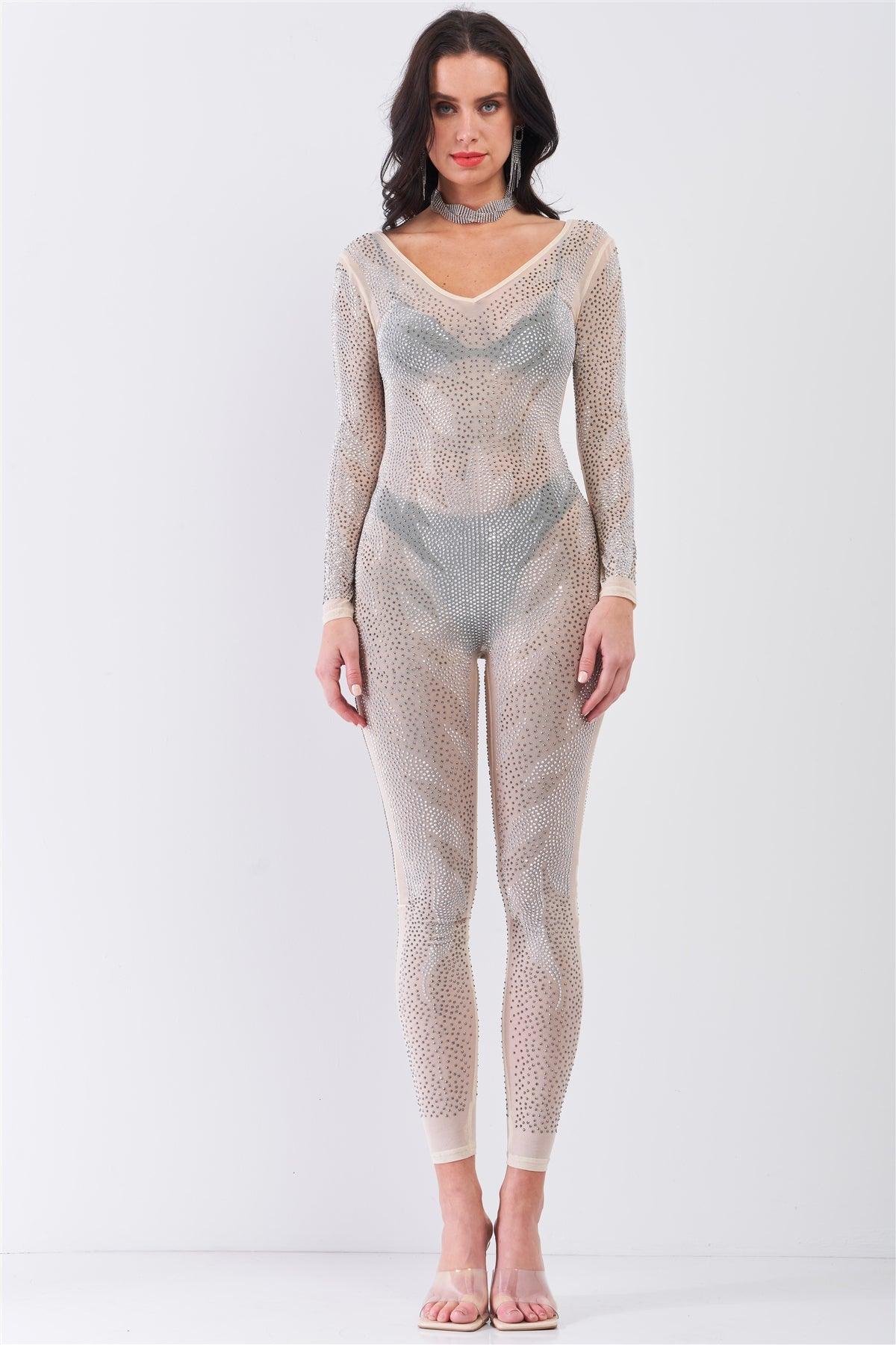 Nude Rhinestone Embroidery Sheer Mesh Long Sleeve Bodycon Jumpsuit