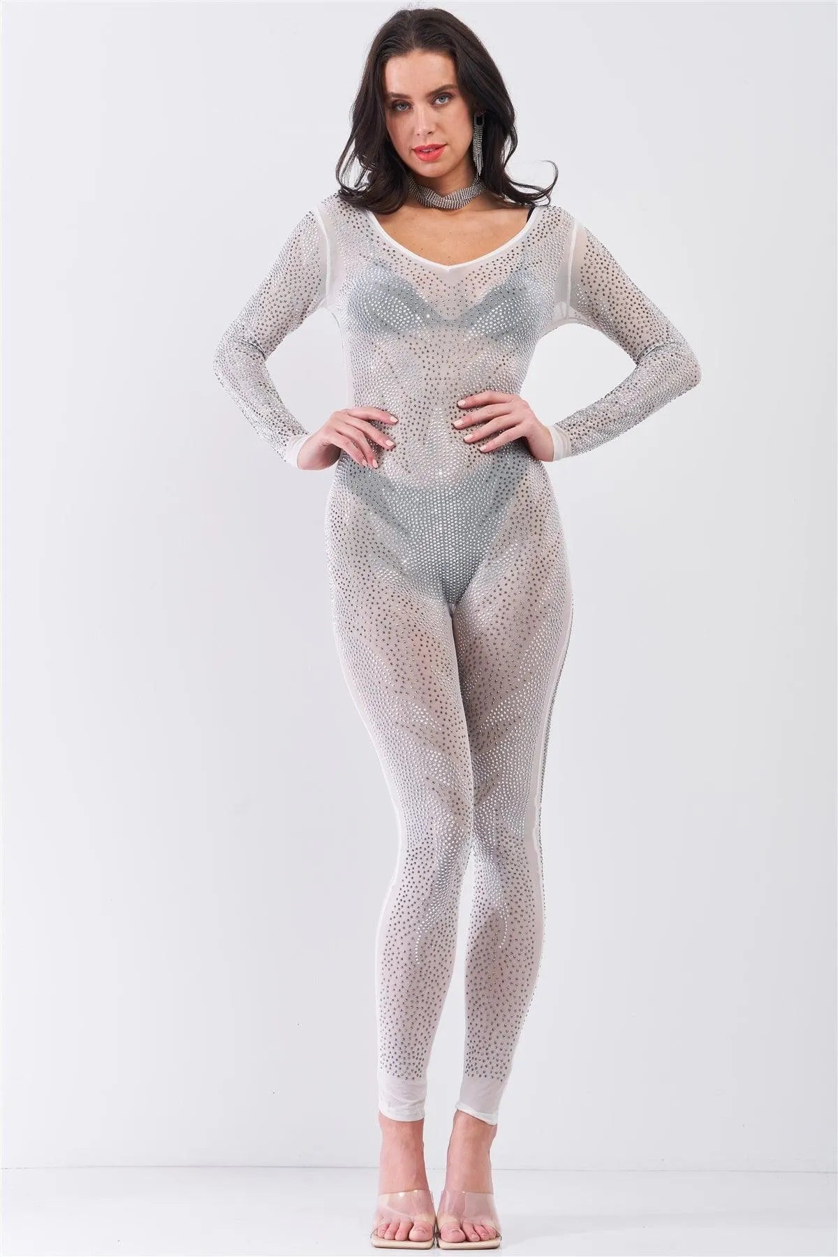 Clothing Long Sleeve Silver Jumpsuit Silver Rhinestone Sheer Long