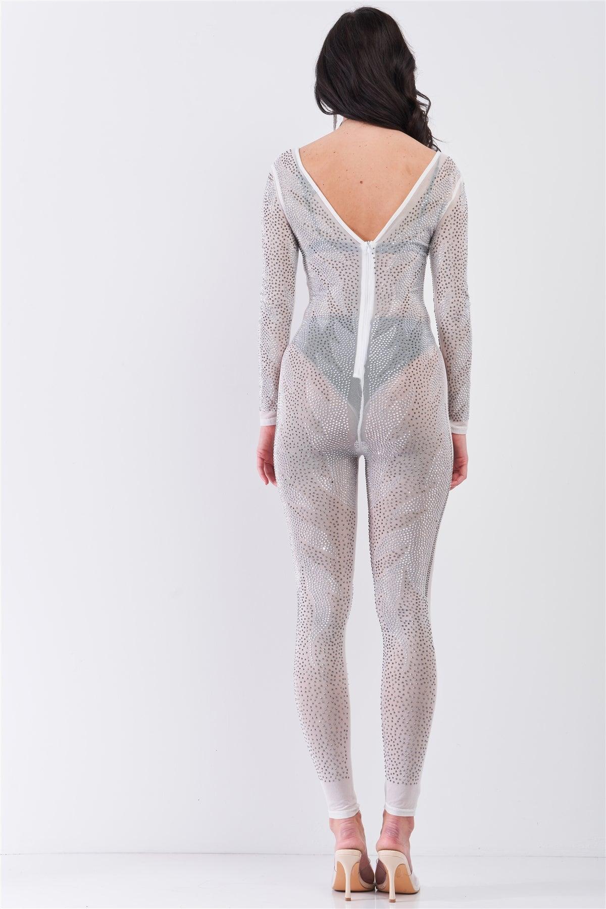 White Silver Rhinestone Embroidery Sheer Mesh Long Sleeve Bodycon Jumpsuit