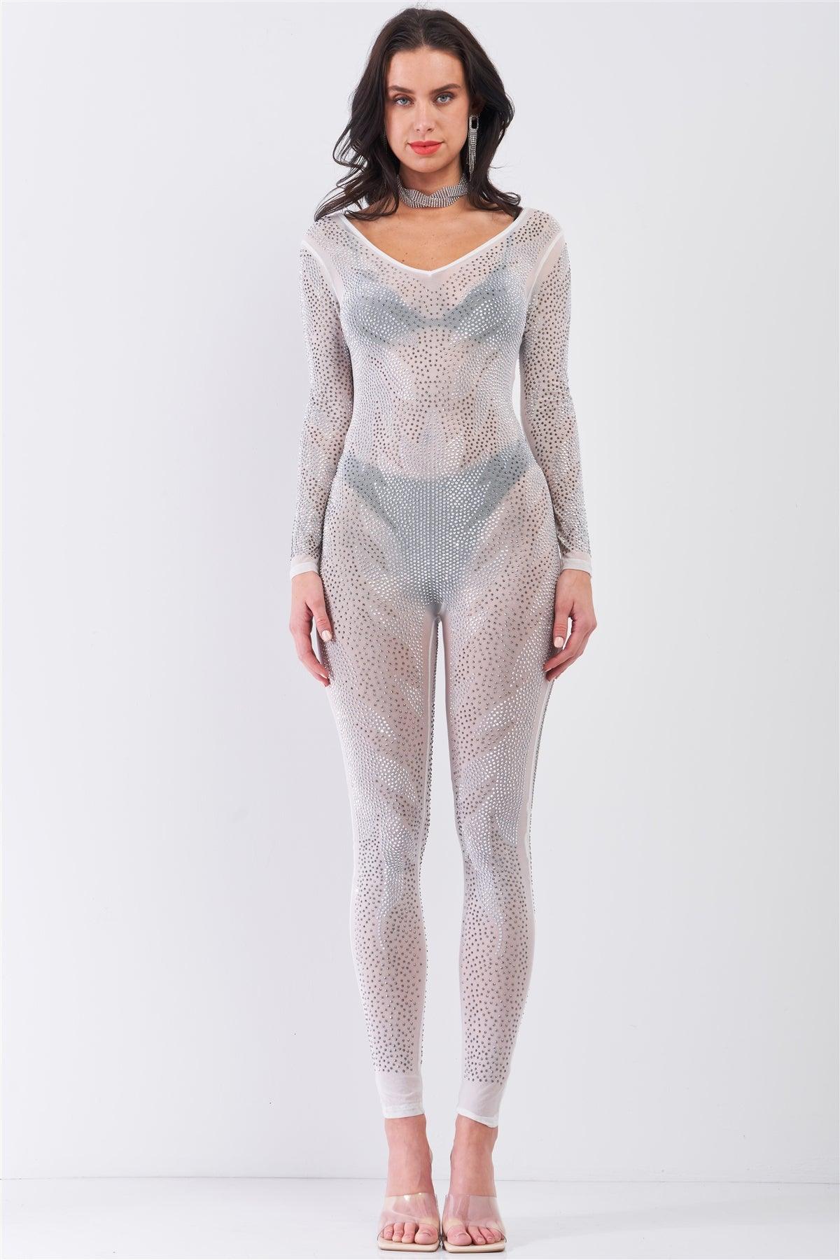 White Silver Rhinestone Embroidery Sheer Mesh Long Sleeve Bodycon Jumpsuit