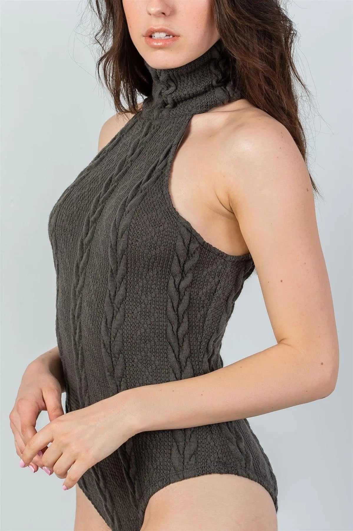 Hunter Green Cable Knit Turtleneck Sleeveless Bodysuit /2-2-2 - Tasha Apparel Wholesale