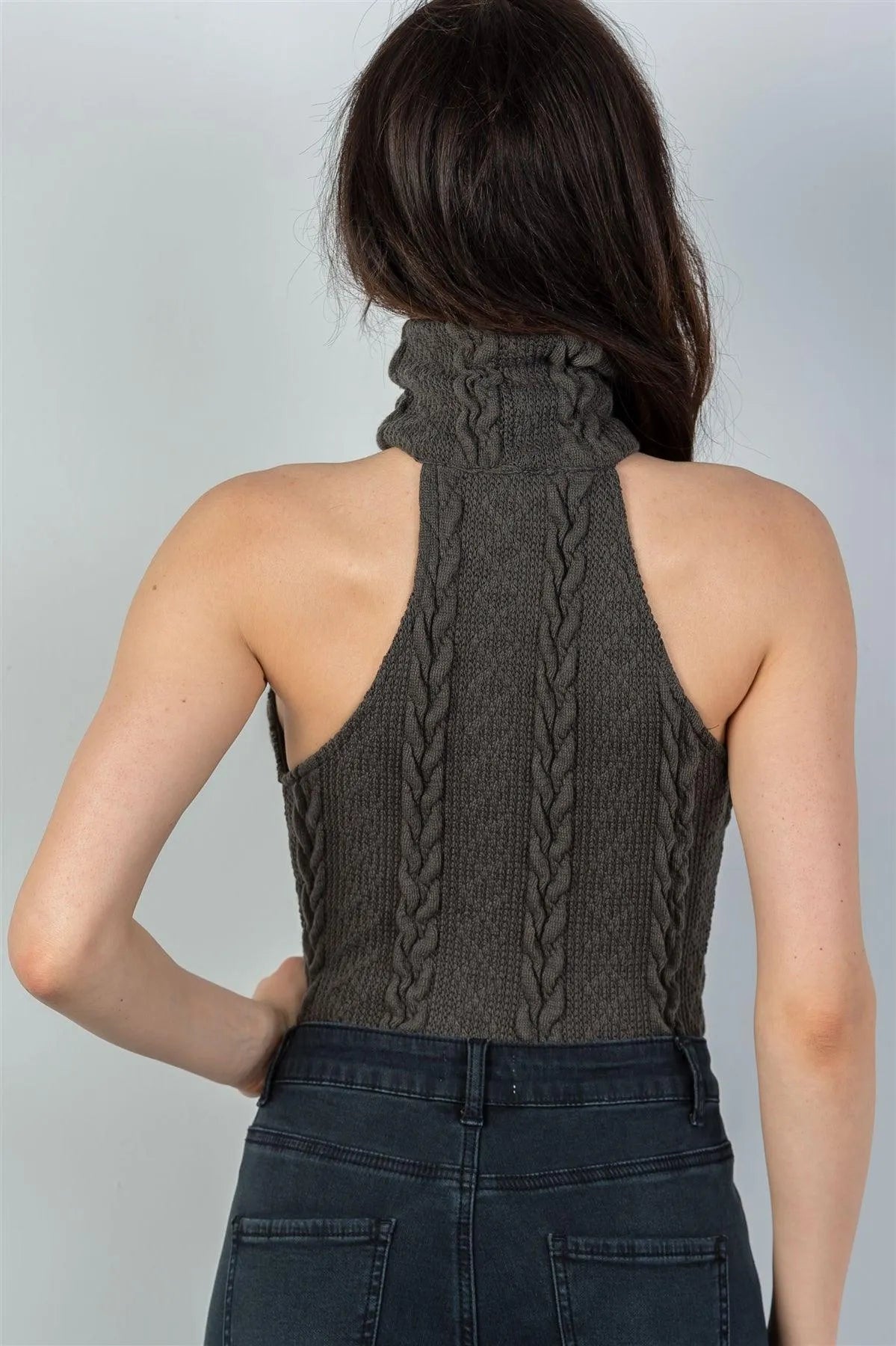 Hunter Green Cable Knit Turtleneck Sleeveless Bodysuit /2-2-2 - Tasha Apparel Wholesale