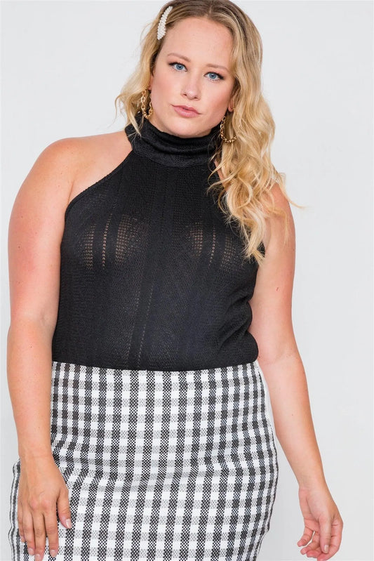 Plus Size Black Cable Knit Turtleneck Sleeveless Bodysuit /2-2-2 - Tasha Apparel Wholesale