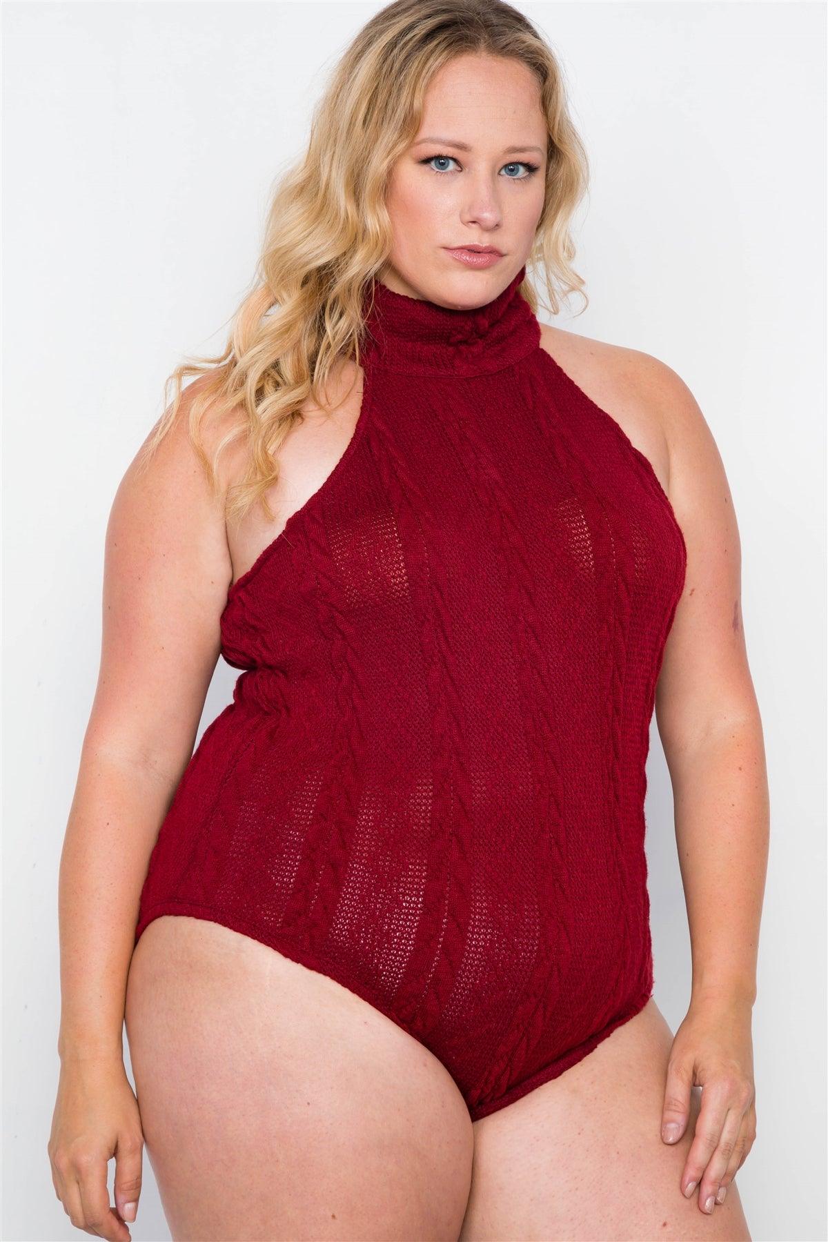 Plus Size Burgundy Cable Knit Turtleneck Sleeveless Bodysuit /2-2-2