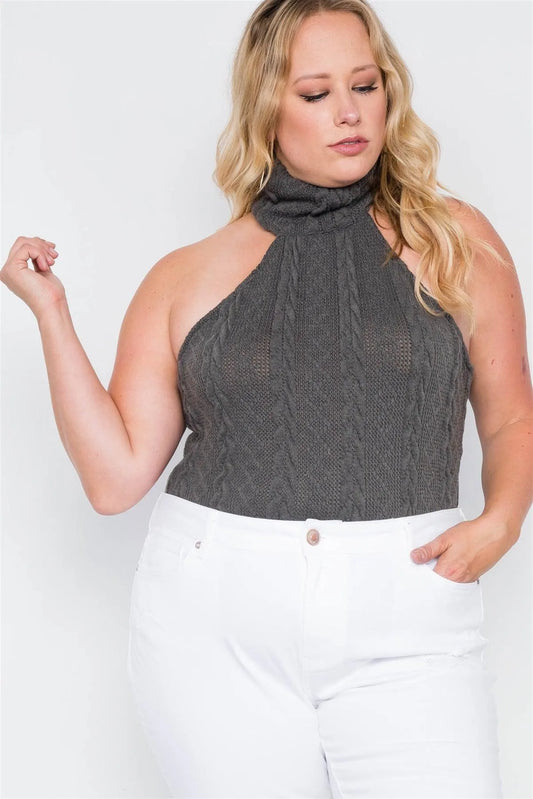 Plus Size Hunter Green Cable Knit Turtleneck Sleeveless Bodysuit /2-1-1 - Tasha Apparel Wholesale