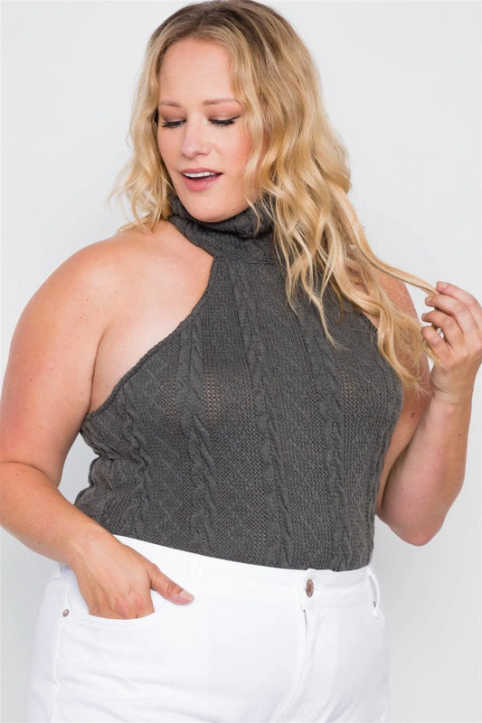 Plus Size Hunter Green Cable Knit Turtleneck Sleeveless Bodysuit /2-2-2 - Tasha Apparel Wholesale