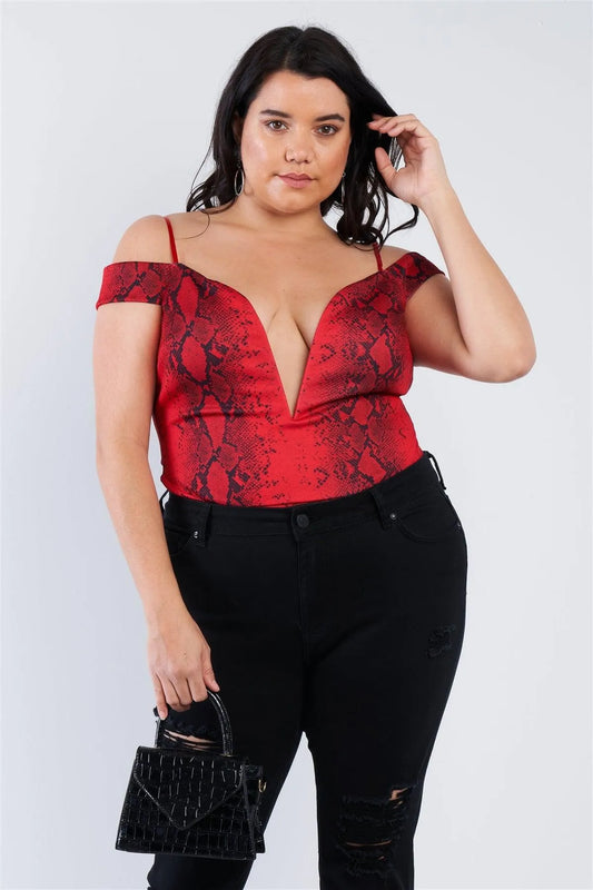 Junior Plus Size Red Snake Print Bodysuit /2-2-2 - Tasha Apparel Wholesale